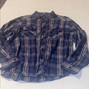 Black brand button down long sleeve lightweight blue & brown plaid shirt size M.